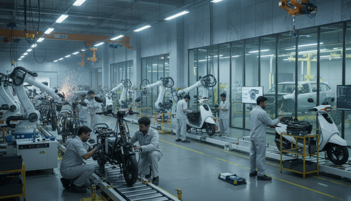 Engineers assembling electric vehicles inside a modern Kinetic Engineering factory with robotic arms and automated production lines