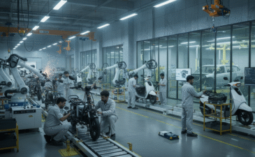 Engineers assembling electric vehicles inside a modern Kinetic Engineering factory with robotic arms and automated production lines