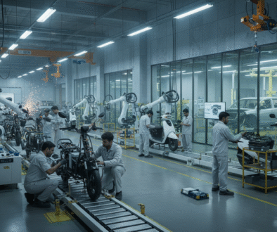 Engineers assembling electric vehicles inside a modern Kinetic Engineering factory with robotic arms and automated production lines