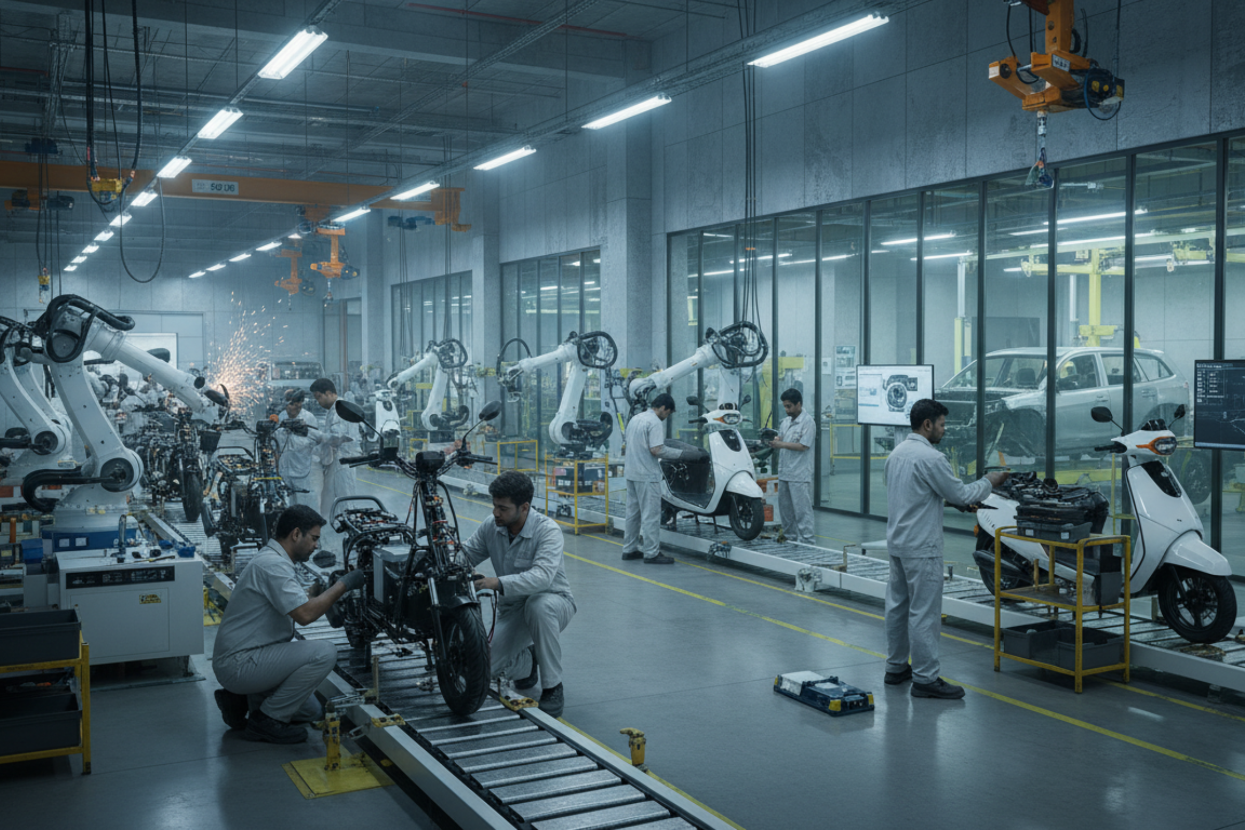 Engineers assembling electric vehicles inside a modern Kinetic Engineering factory with robotic arms and automated production lines