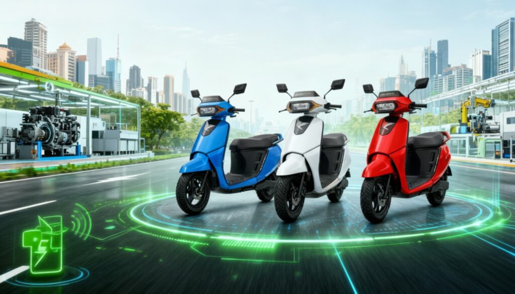 Three electric scooters in blue, white, and red displayed in a futuristic setting, representing Kinetic Engineering’s EV technology and advanced mobility solutions