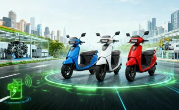Three electric scooters in blue, white, and red displayed in a futuristic setting, representing Kinetic Engineering’s EV technology and advanced mobility solutions