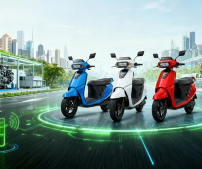 Three electric scooters in blue, white, and red displayed in a futuristic setting, representing Kinetic Engineering’s EV technology and advanced mobility solutions