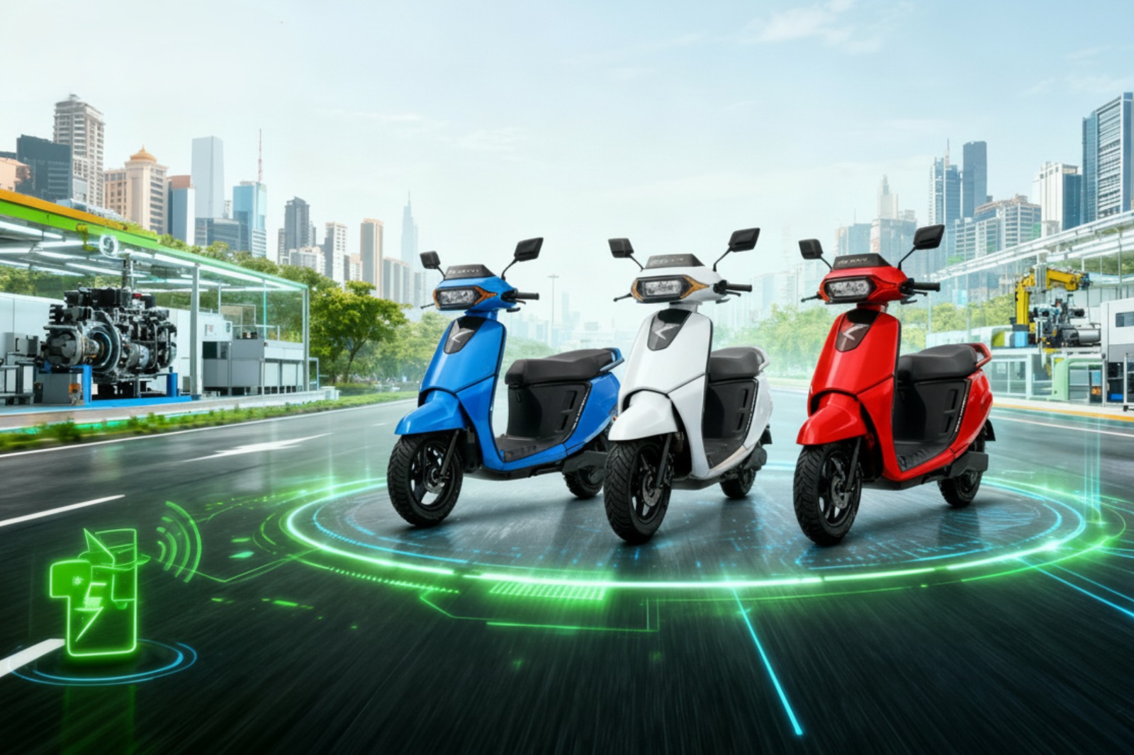 Three electric scooters in blue, white, and red displayed in a futuristic setting, representing Kinetic Engineering’s EV technology and advanced mobility solutions