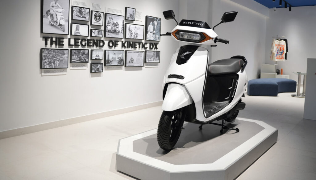 Kinetic DX electric scooter in showroom showcasing modern EV design in India