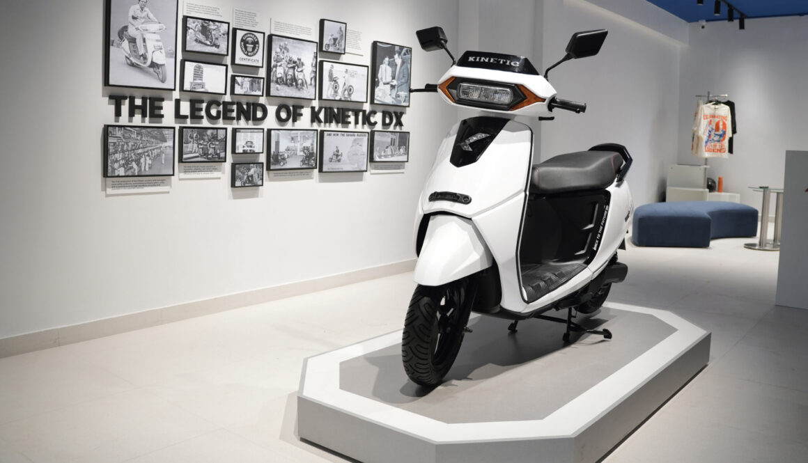 Kinetic DX electric scooter in showroom showcasing modern EV design in India