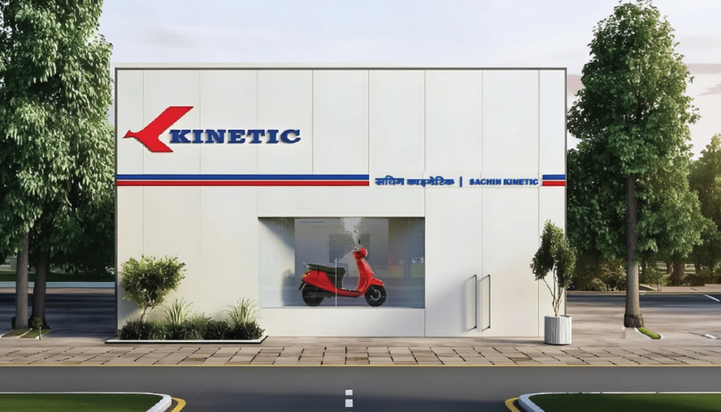 Kinetic EV dealership celebrating 100 vehicle deliveries at Surat and Pune, showcasing electric scooter showroom and sustainable mobility in India.